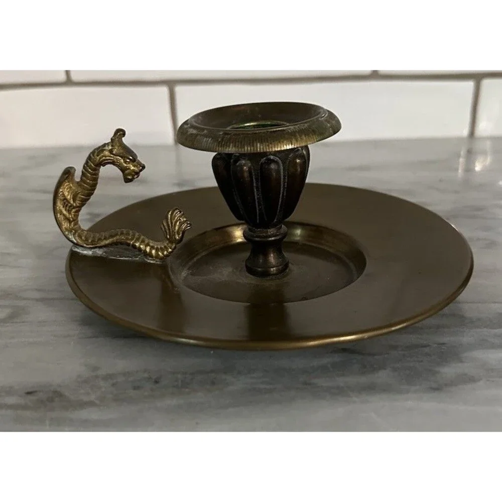 Vintage Brass Dragon Handle Candlestick Candle Holder Chamberstick